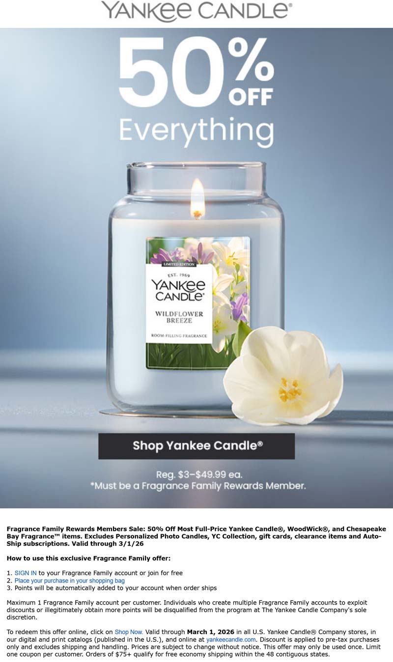 Yankee Candle stores Coupon  50% off everything at Yankee Candle, ditto online #yankeecandle 