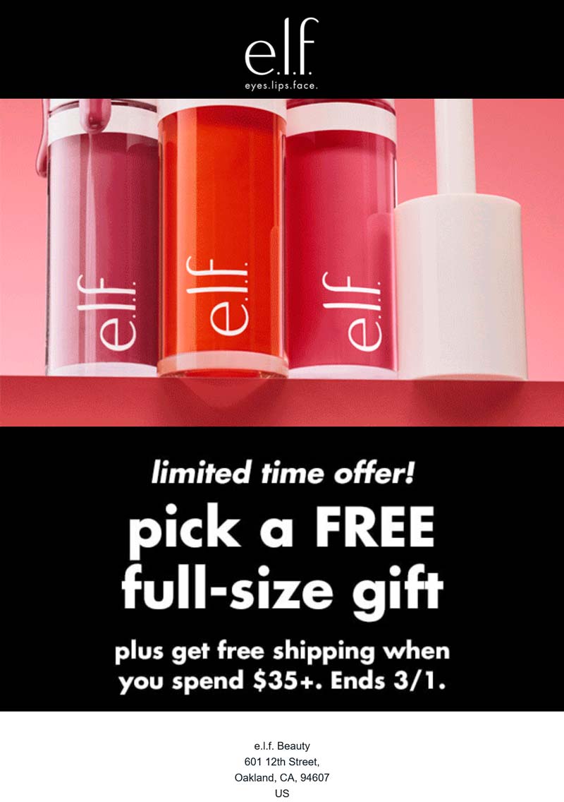 e.l.f. Cosmetics Free full size & shipping on $35 at e.l.f. Cosmetics #elfcosmetics e.l.f. Cosmetics stores Coupon Free full size & shipping on $35 at e.l.f. Cosmetics #elfcosmetics