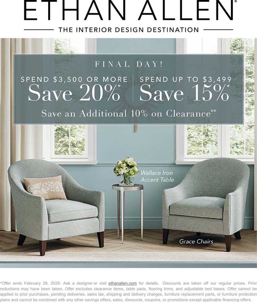 Ethan Allen 15-20% off furniture today at Ethan Allen #ethanallen Ethan Allen stores Coupon 15-20% off furniture today at Ethan Allen #ethanallen