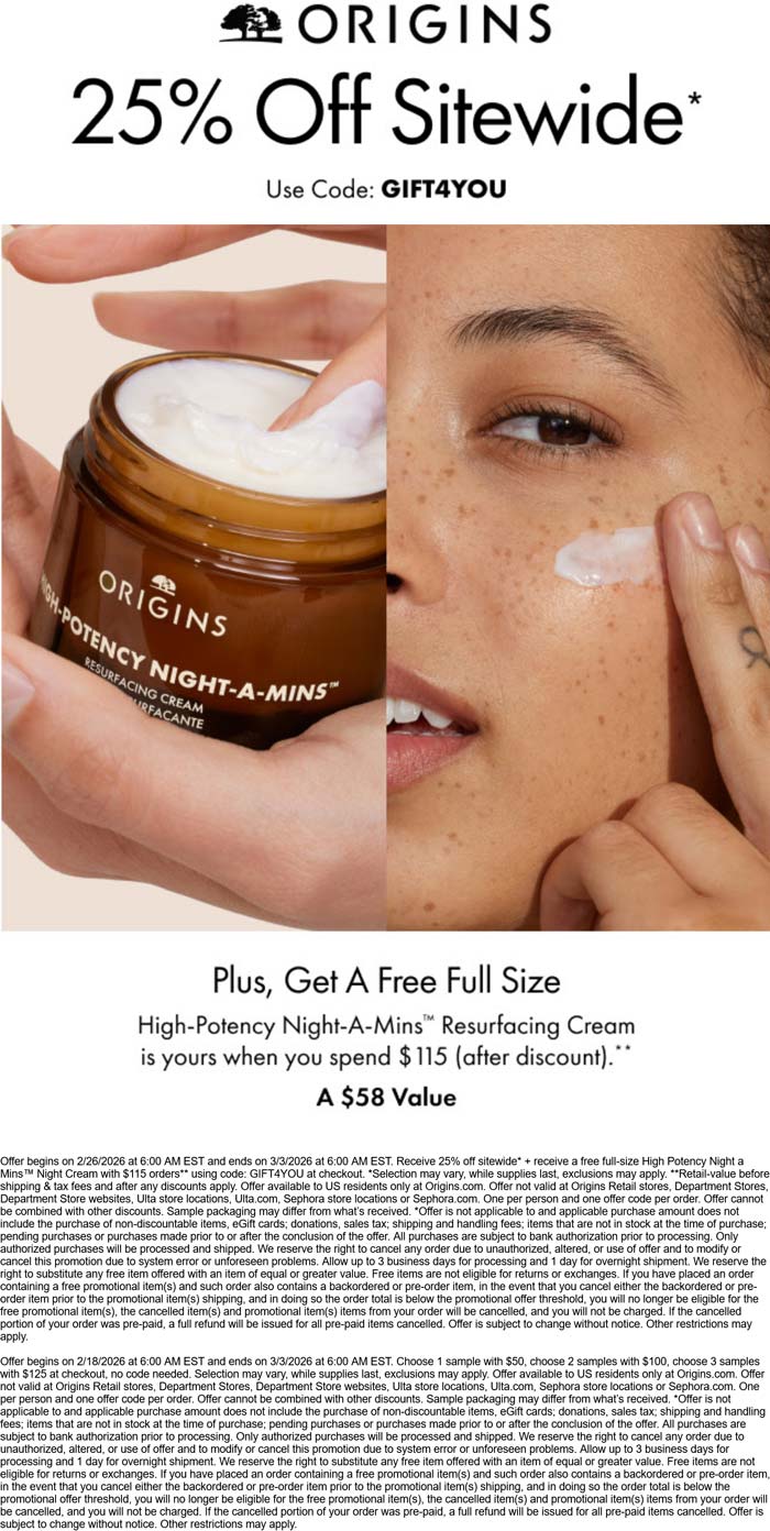 Origins 25% off everything + free full size on $115 at Origins via promo code GIFT4YOU #origins Origins stores Coupon 25% off everything + free full size on $115 at Origins via promo code GIFT4YOU #origins