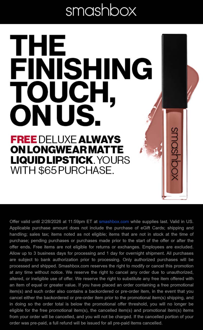 Smashbox stores Coupon  Free liquid lipstick on $65 today at Smashbox #smashbox 
