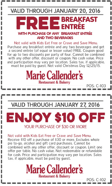 Marie Callenders Coupon April 2024 $10 off $30 & second breakfast free at Marie Callenders