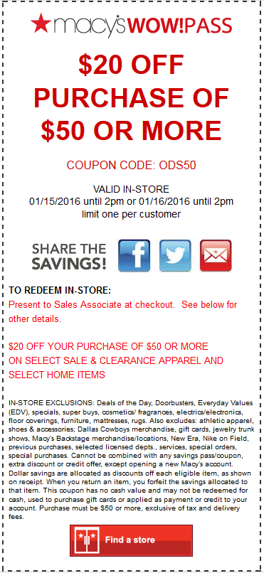Macys Coupon April 2024 $20 off $50 at Macys, or online via promo code ODS50