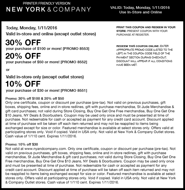 New York & Company Coupon April 2024 10-30% off $30+ today at New York & Company, or online via promo code 8551