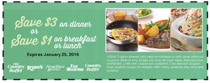 Old Country Buffet Coupon April 2024 $1 off breakfast & lunch, $3 off dinner at Ryans, Fire Mountain, Hometown Buffet & Old Country Buffet