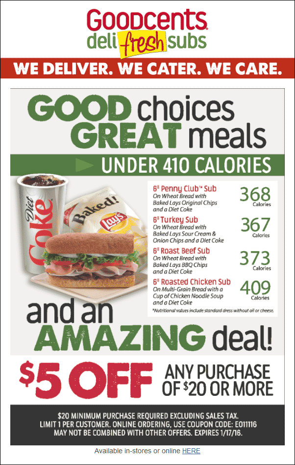 Goodcents Coupon April 2024 $5 off $20 at Goodcents Deli Fresh Subs