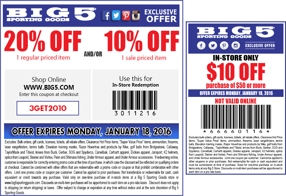Big 5 Coupon March 2024 20% off a single item & more at Big 5 sporting goods, or online via promo code 3GET2010