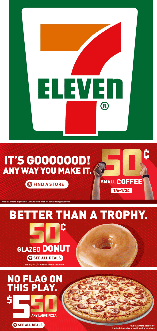 7-Eleven Coupon March 2024 .50 cent coffee & same for a donut at 7-Eleven