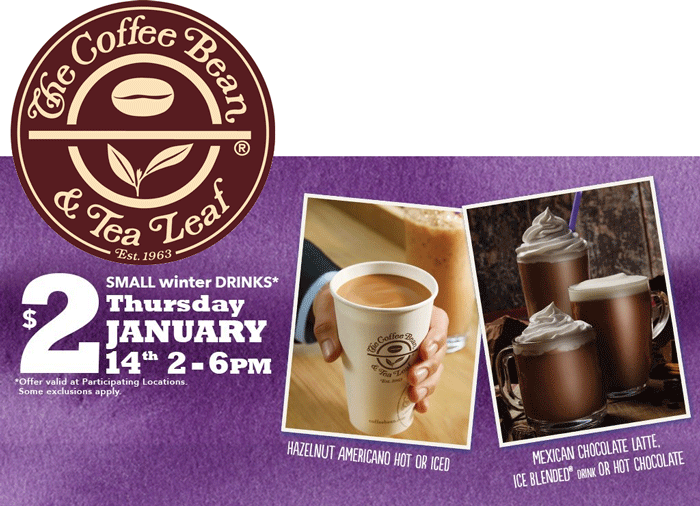 Coffee Bean & Tea Leaf Coupon April 2024 $2 drinks today 2-6p at The Coffee Bean & Tea Leaf