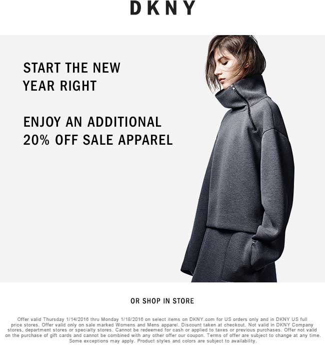 DKNY Coupon April 2024 Extra 20% off sale items at DKNY, ditto online
