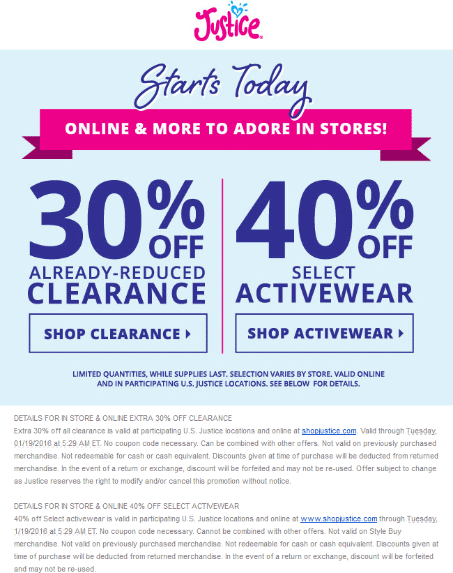 Justice Coupon March 2024 Extra 30% off clearance & more at Justice, ditto online