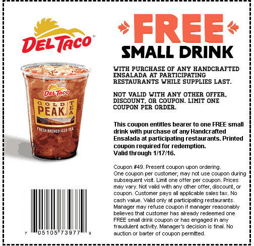 Del Taco Coupon April 2024 Free drink with your salad at Del Taco