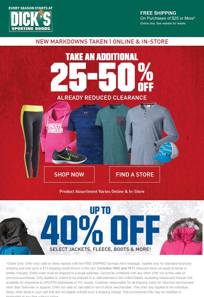 Dicks Coupon May 2024 Extra 25-50% off clearance at Dicks sporting goods, ditto online w/free ship over $25