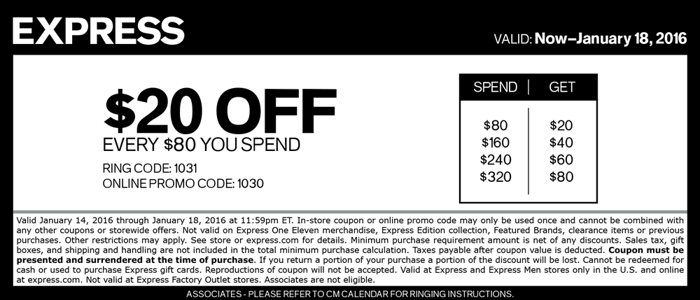 Express Coupon March 2024 $20 off every $80 at Express, or online via promo code 1030