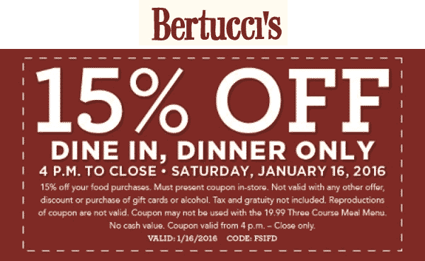 Bertuccis Coupon April 2024 15% off dinner tonight at Bertuccis restaurants