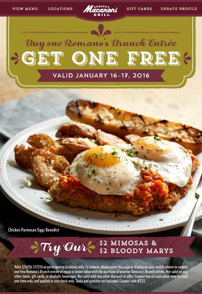 Macaroni Grill Coupon April 2024 Second brunch free this weekend at Macaroni Grill