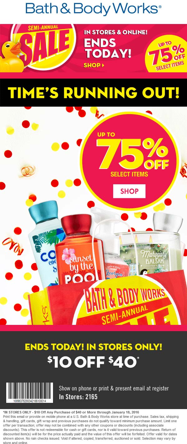 Bath & Body Works Coupon March 2024 $10 off $40 today at Bath & Body Works
