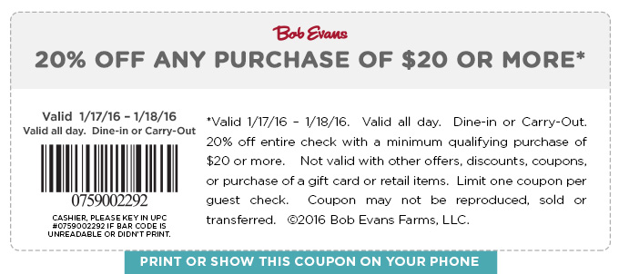 Bob Evans Coupon April 2024 20% off $20 today at Bob Evans restaurants
