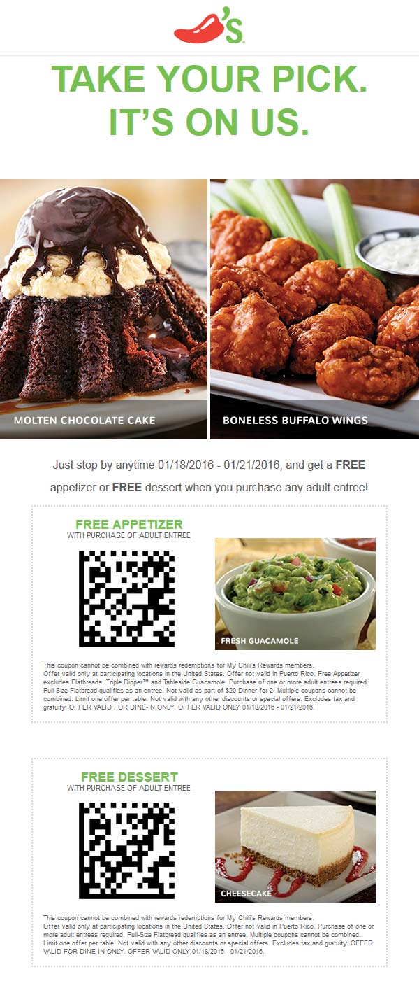 Chilis Coupon April 2024 Free appetizer or dessert with your entree at Chilis