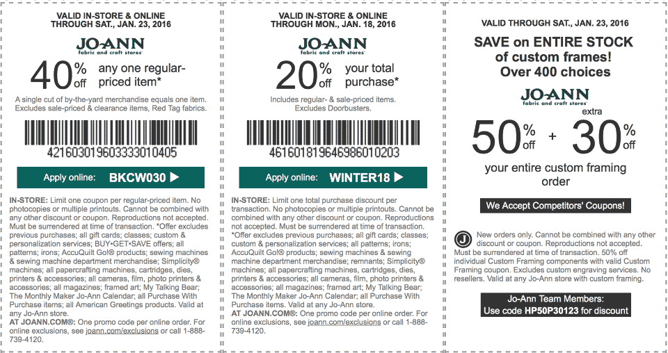 Jo-Ann Fabric Coupon April 2024 40% off a single item & more at Jo-Ann Fabric, or online via promo code BKCW030