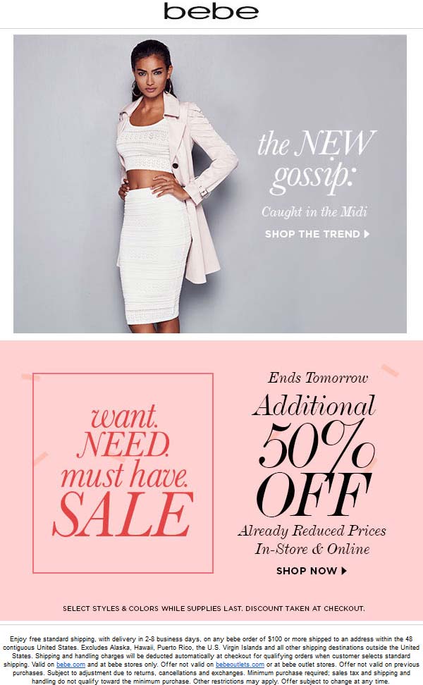 Bebe Coupon April 2024 Extra 50% off sale items at bebe, ditto online