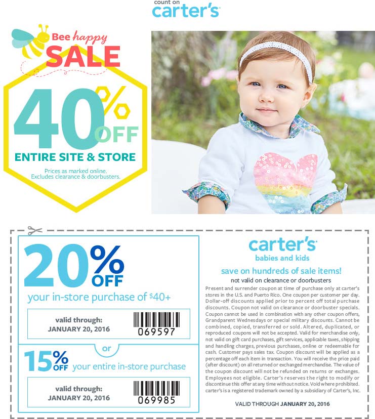 Carters Coupon April 2024 15-20% off $40 + 40% off everything at Carters, ditto online