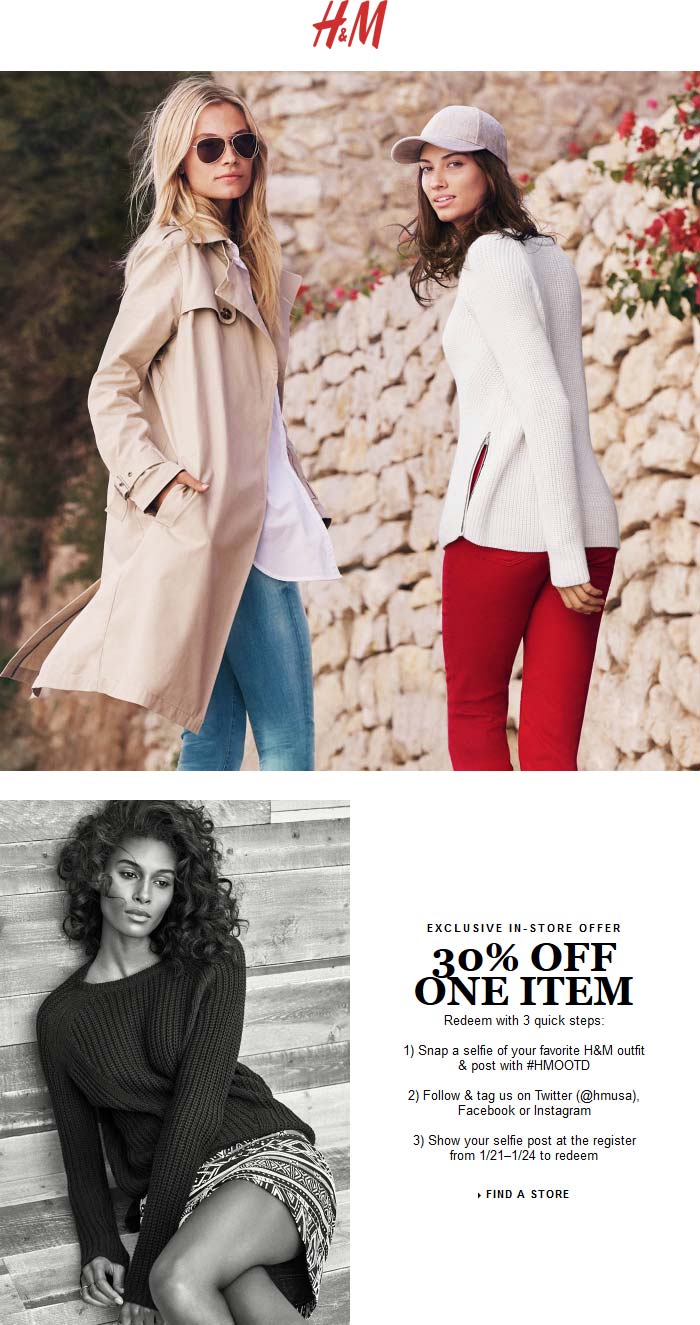 H&M Coupon April 2024 Jump through some hoops for 30% off a single item at H&M