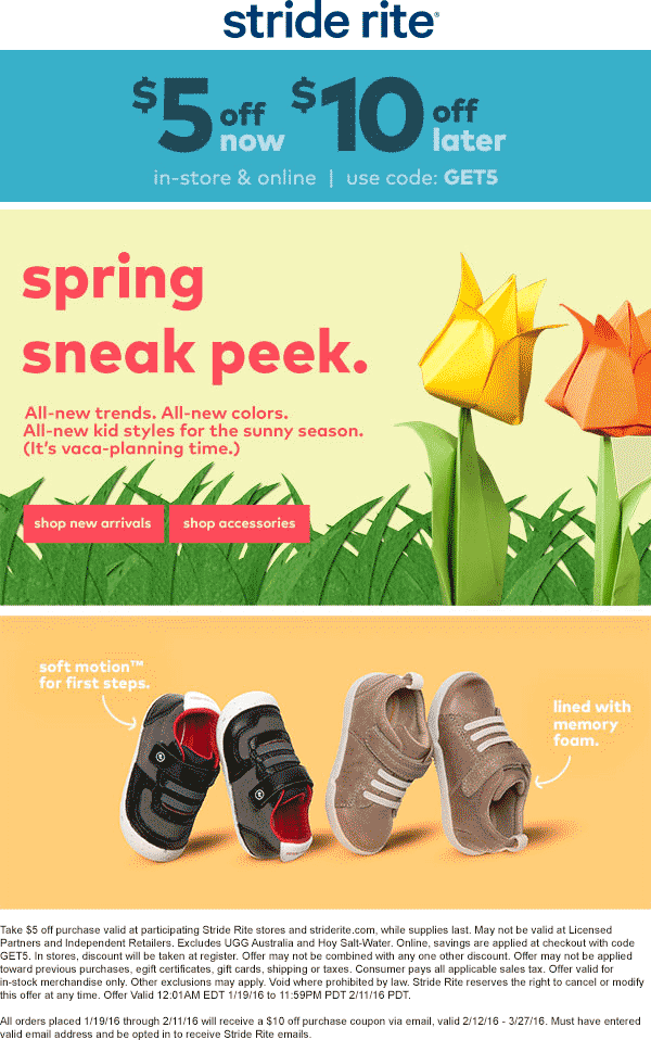 Stride Rite Coupon April 2024 $5 off now & $10 off followup at Stride Rite, or online via promo code GET5