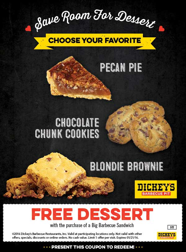 Dickeys Barbecue Pit Coupon April 2024 Free dessert with your bbq sandwich at Dickeys Barbecue Pit