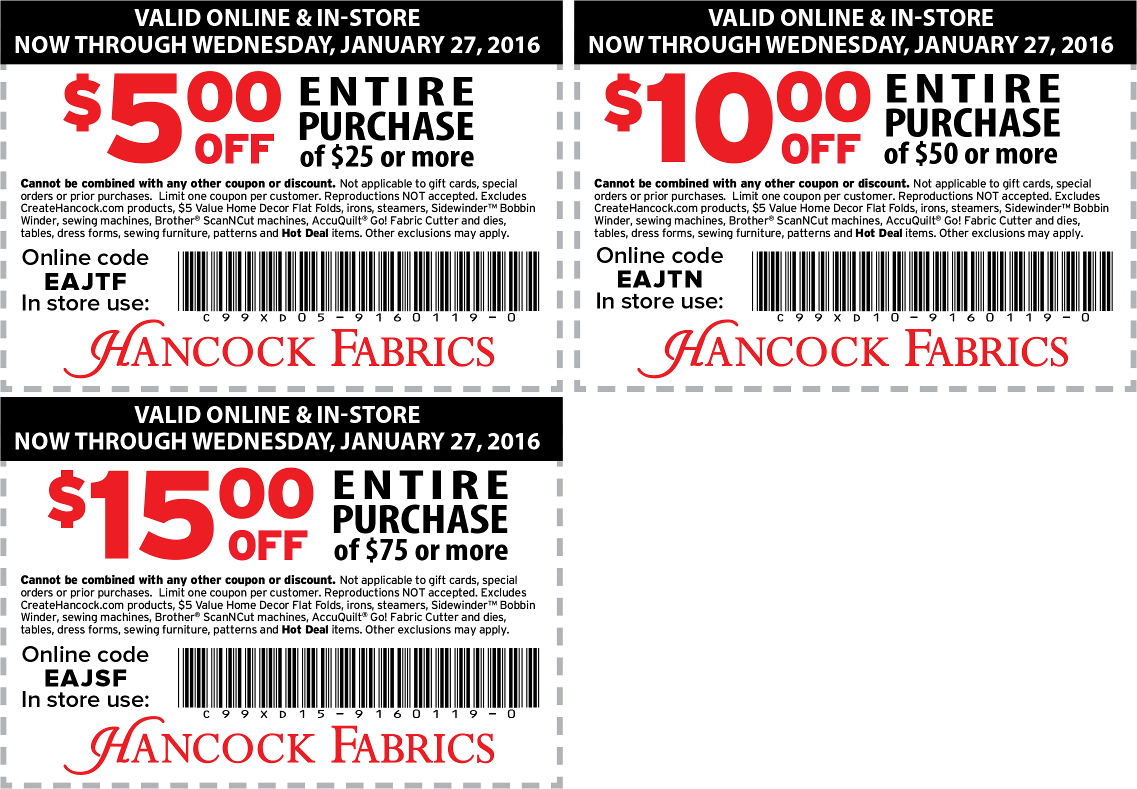 Hancock Fabrics Coupon April 2024 $5 off $25 & more at Hancock Fabrics, or online via promo code EAJTF