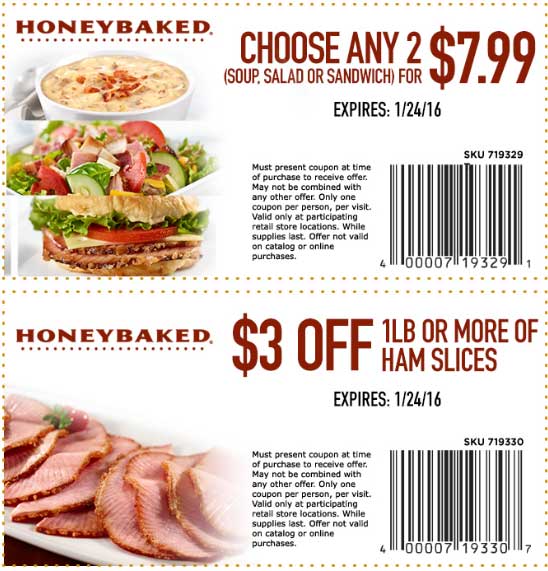 HoneyBaked Coupon April 2024 2 sandwiches, soups or salads for $8 bucks at Honeybaked Ham restaurants