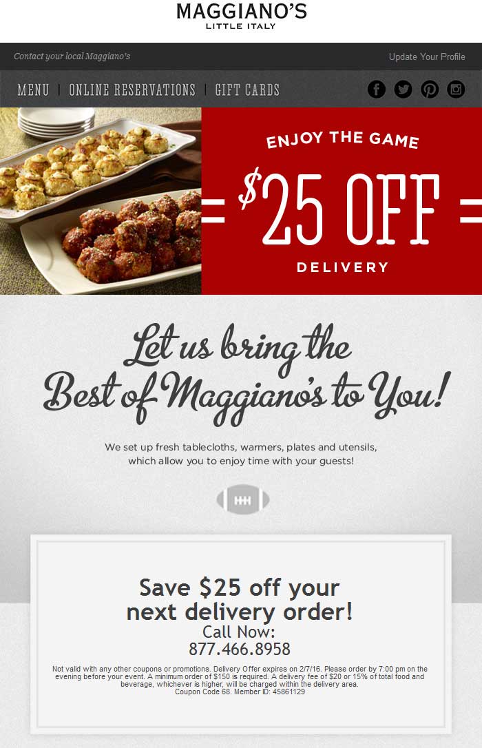 Maggianos Little Italy Coupon April 2024 $25 off delivery at Maggianos Little Italy restaurants