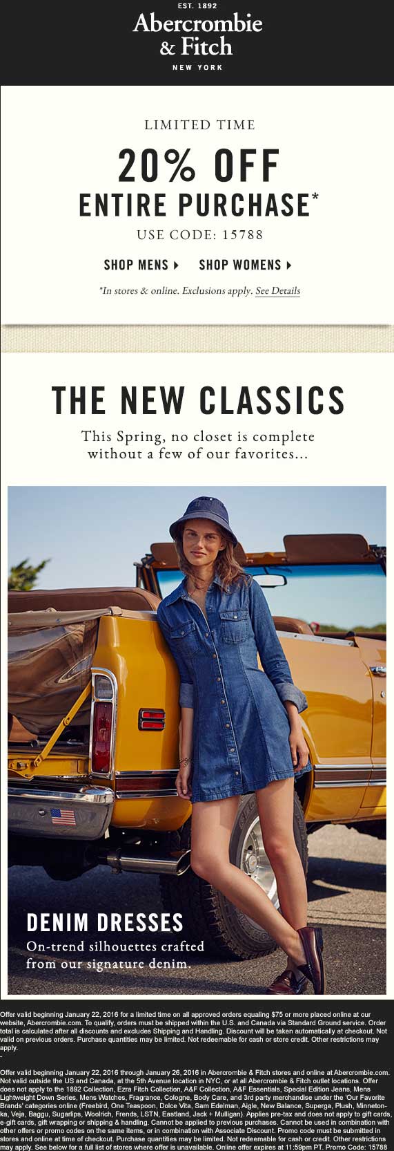 Abercrombie & Fitch Coupon May 2024 20% off at Abercrombie & Fitch, or online via promo code 15788