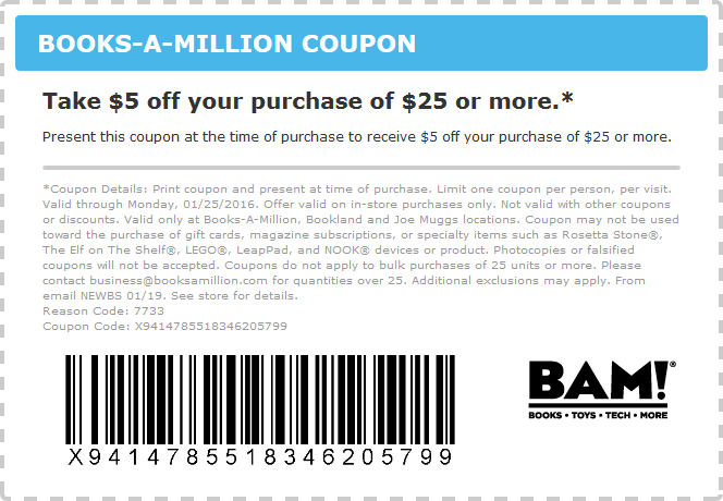 Books-A-Million Coupon May 2024 $5 off $25 at Books-A-Million