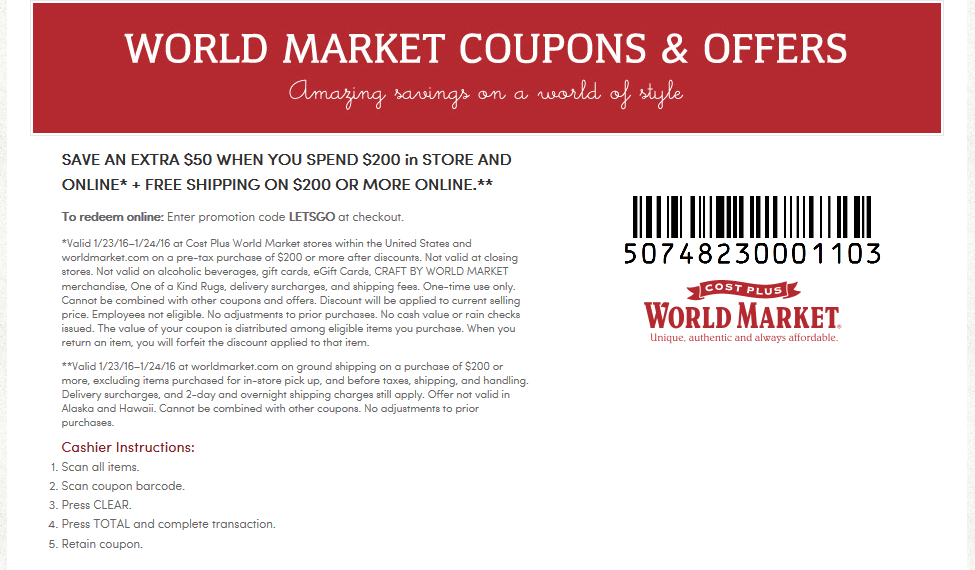 World Market Coupon April 2024 $50 off $20 at Cost Plus World Market, or online via promo code LETSGO