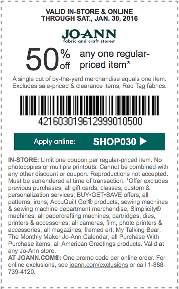 Jo-Ann Fabric Coupon April 2024 50% off a single item at Jo-Ann Fabric, or online via promo code SHOP030