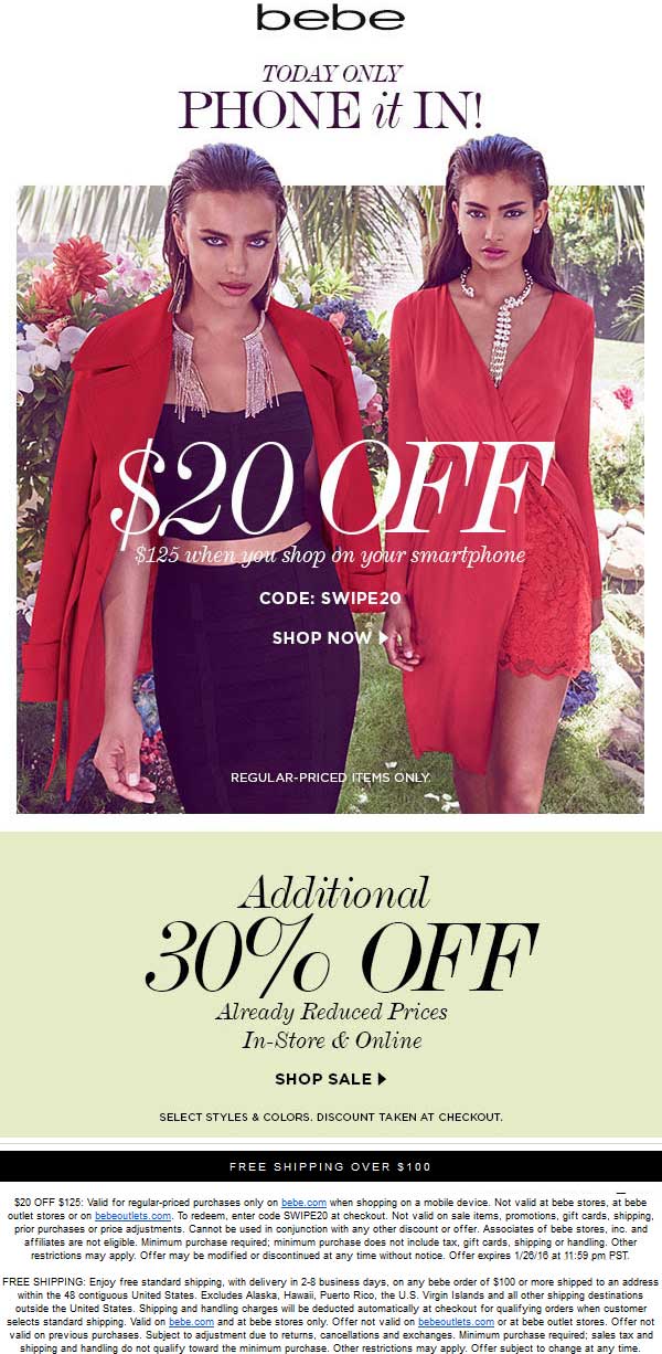 Bebe Coupon April 2024 Extra 30% off sale items at bebe, ditto online