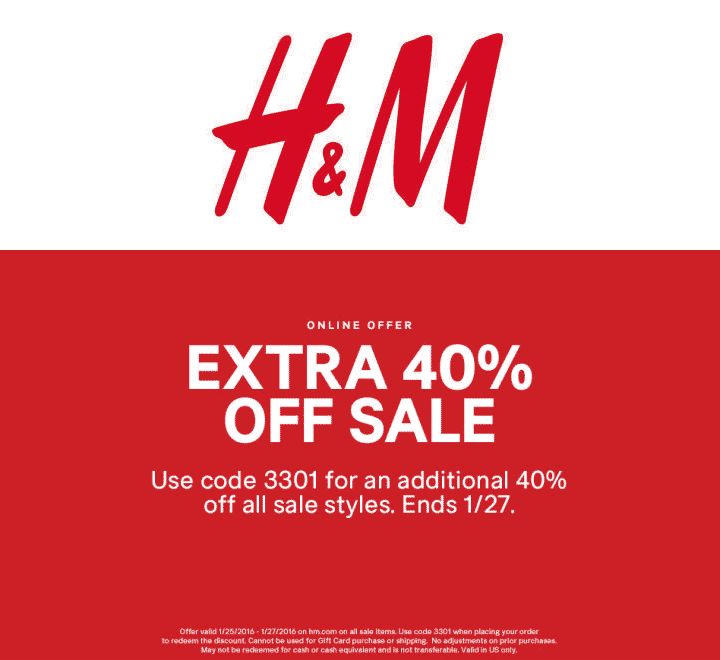 H&M Coupon April 2024 Extra 40% off sale items online at H&M via promo code 3301