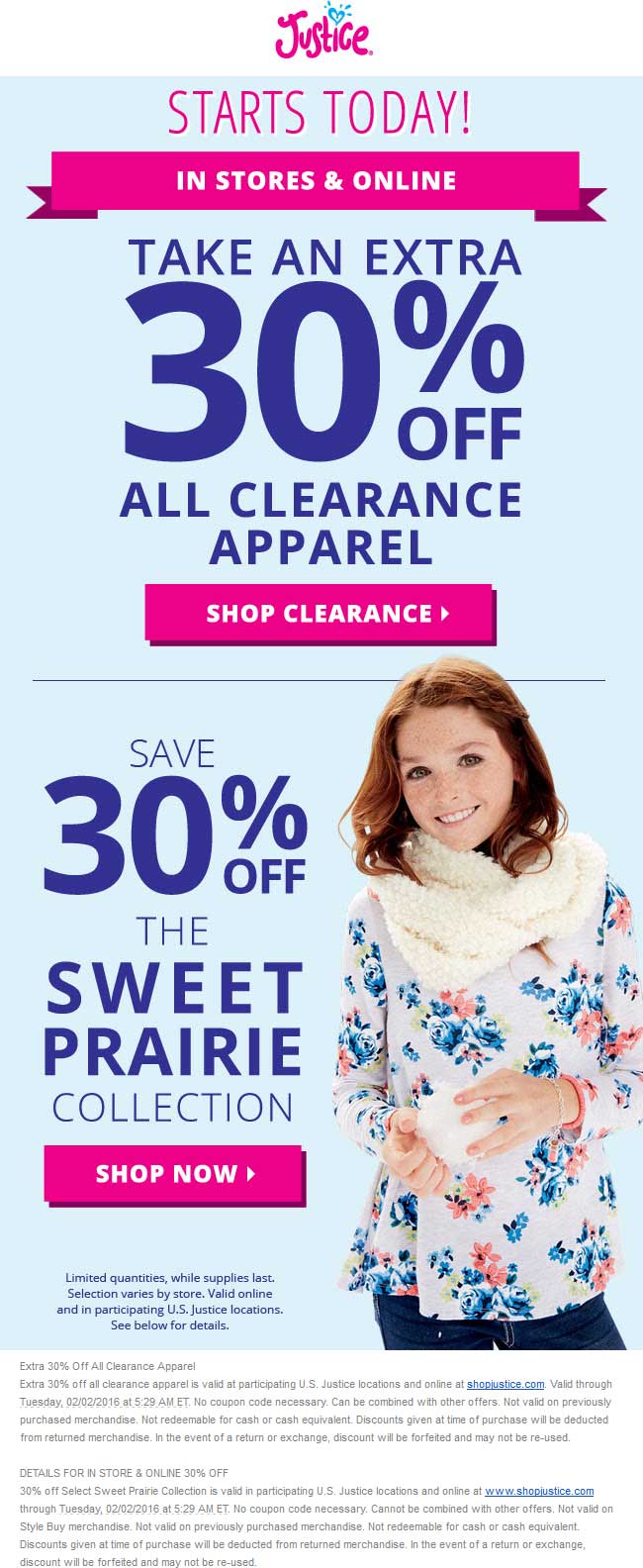 Justice Coupon April 2024 Extra 30% off clearance & prairie collection at Justice, ditto online