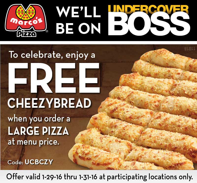 Marcos Pizza Coupon April 2024 Free cheesybread with your large at Marcos Pizza