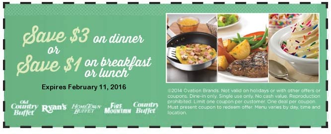 Old Country Buffet Coupon April 2024 $1-$3 off at Ryans, Hometown Buffet, Fire Mountain & Old Country Buffet