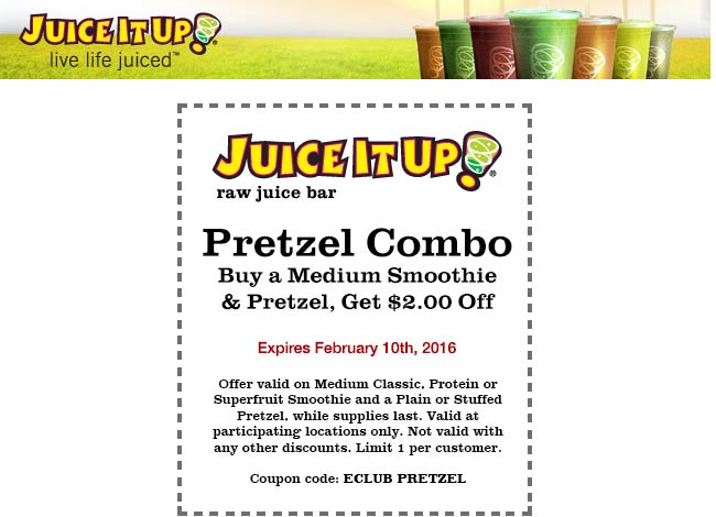 Juice It Up Coupon April 2024 $2 off a smoothie & pretzel at Juice It Up raw juice bar