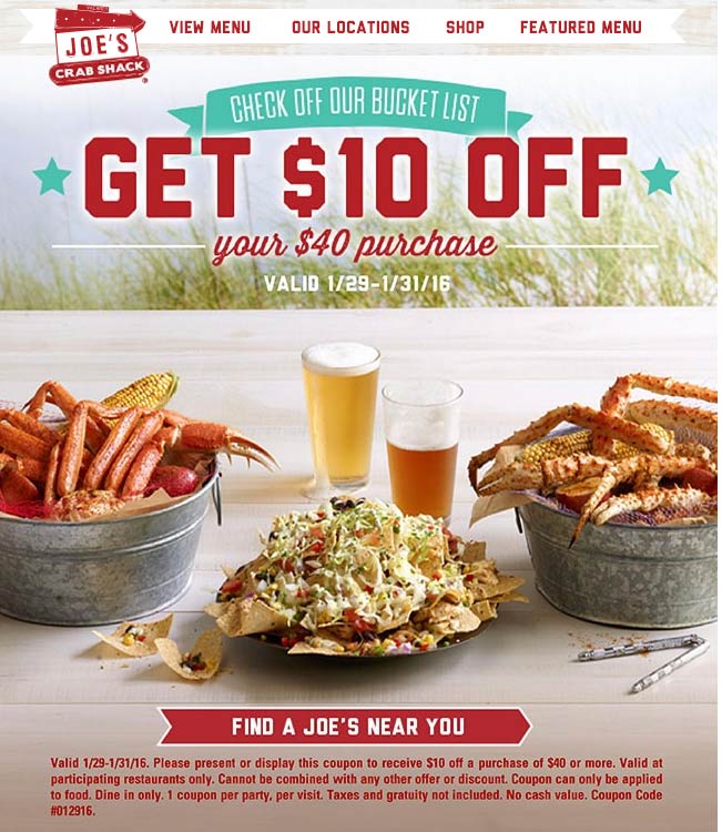 Joes Crab Shack Coupon March 2024 $10 off $40 at Joes Crab Shack restaurants