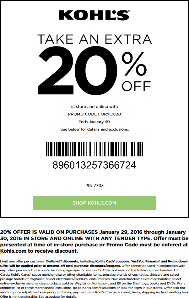 Kohls Coupons - 20% off at Kohls, or online via promo code FORYOU20