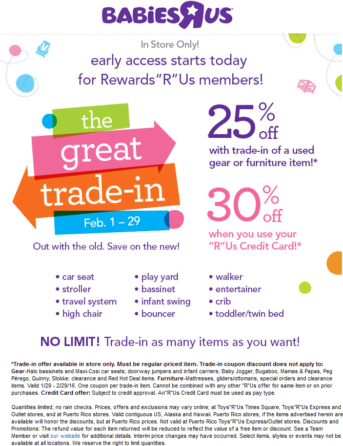 Babies R Us Coupon April 2024 Trade in used baby gear for 25% off at Babies R Us