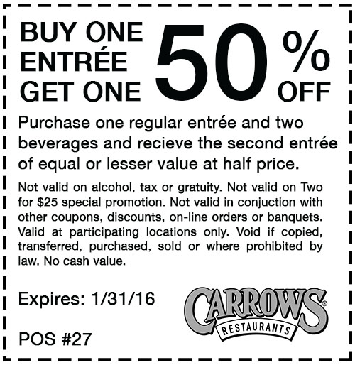 Carrows Coupon April 2024 Second entree 50% off at Carrows restaurants