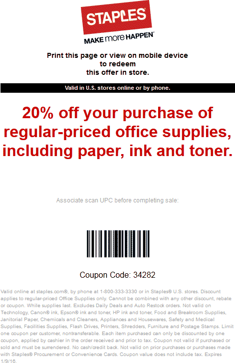 Staples Coupon April 2024 20% off offic supplies at Staples, or online via promo code 34282