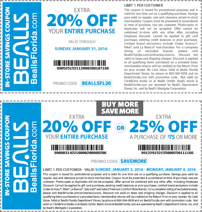 Bealls Coupon April 2024 20-25% off today at Bealls, or online via promo code SAVEMORE