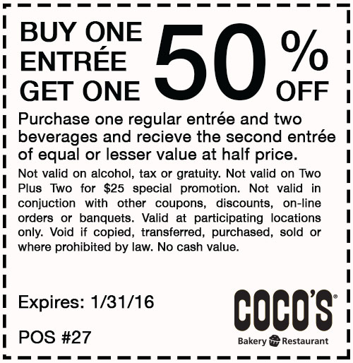 Cocos Coupon April 2024 Second entree 50% off at Cocos bakery restaurant