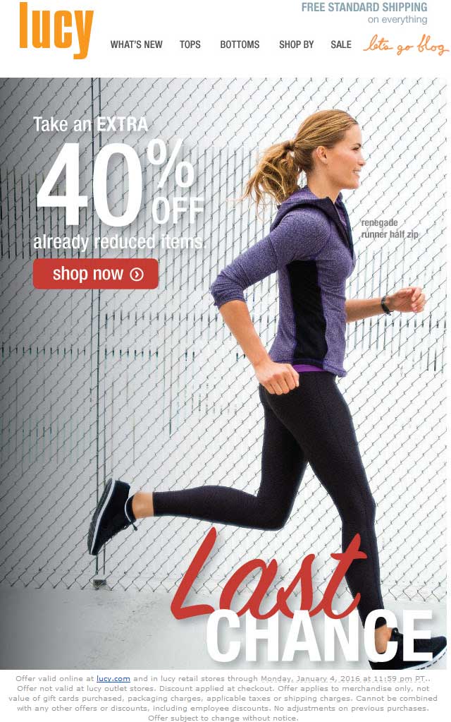 Lucy Coupon April 2024 Extra 40% off sale items today at Lucy workout wear, ditto online